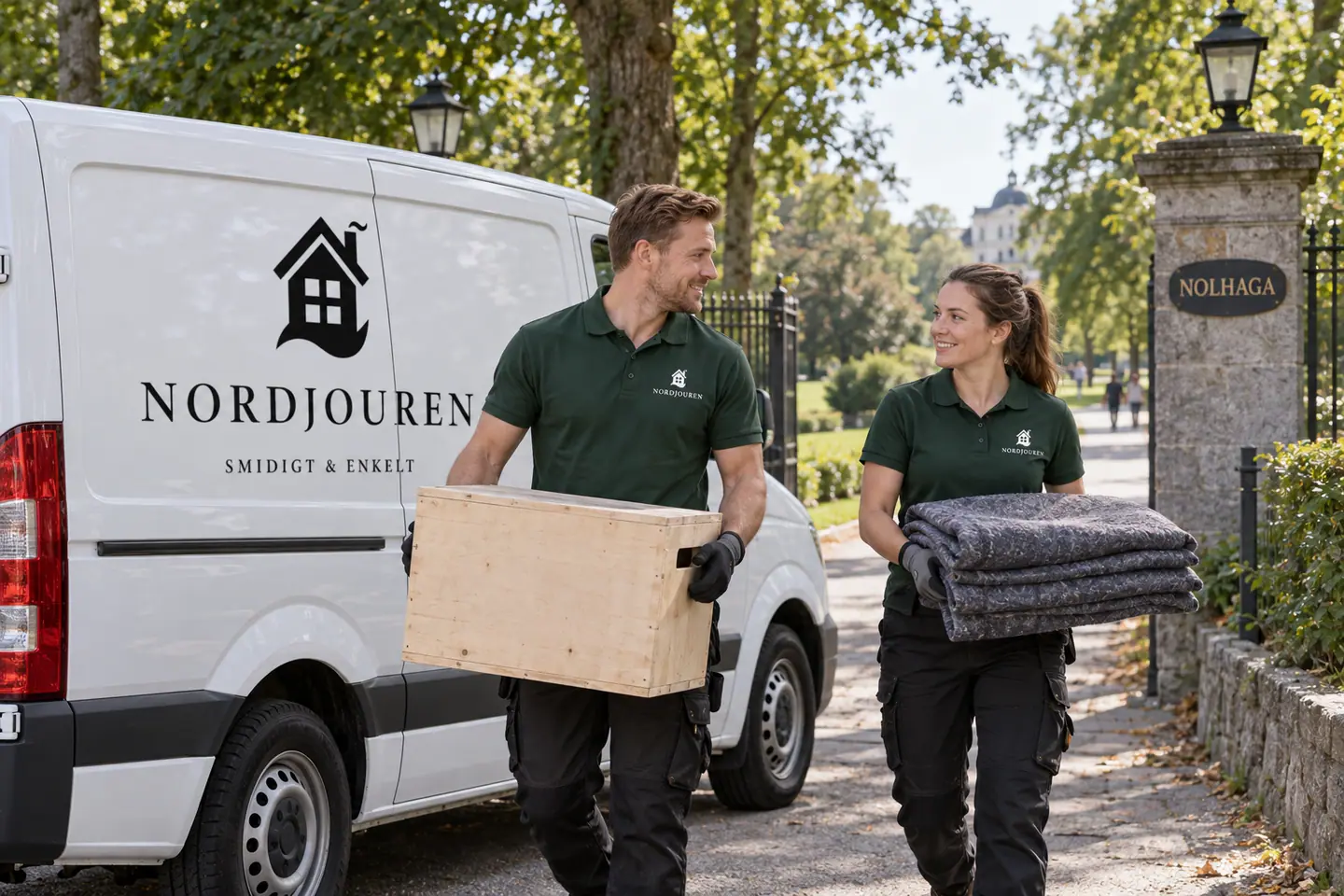 Illustration: Nordjourens bil och personal i Alingsås, nolhaga allé och parkens entrémiljö