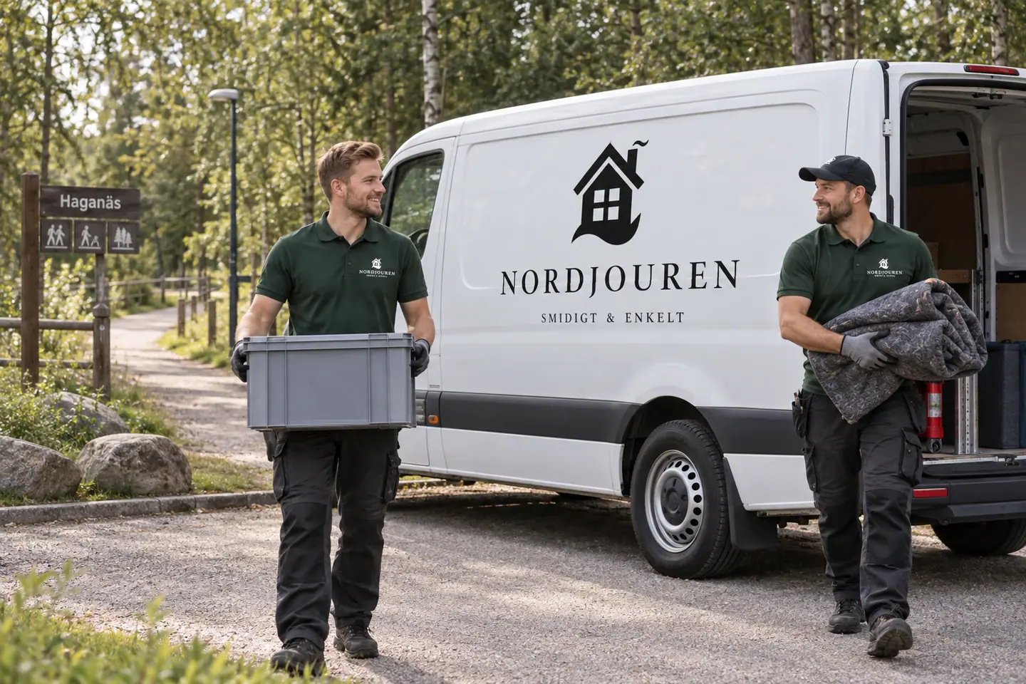 Illustration: Nordjourens bil och personal i Älmhult, haganäsområdets skogs- och parkentré