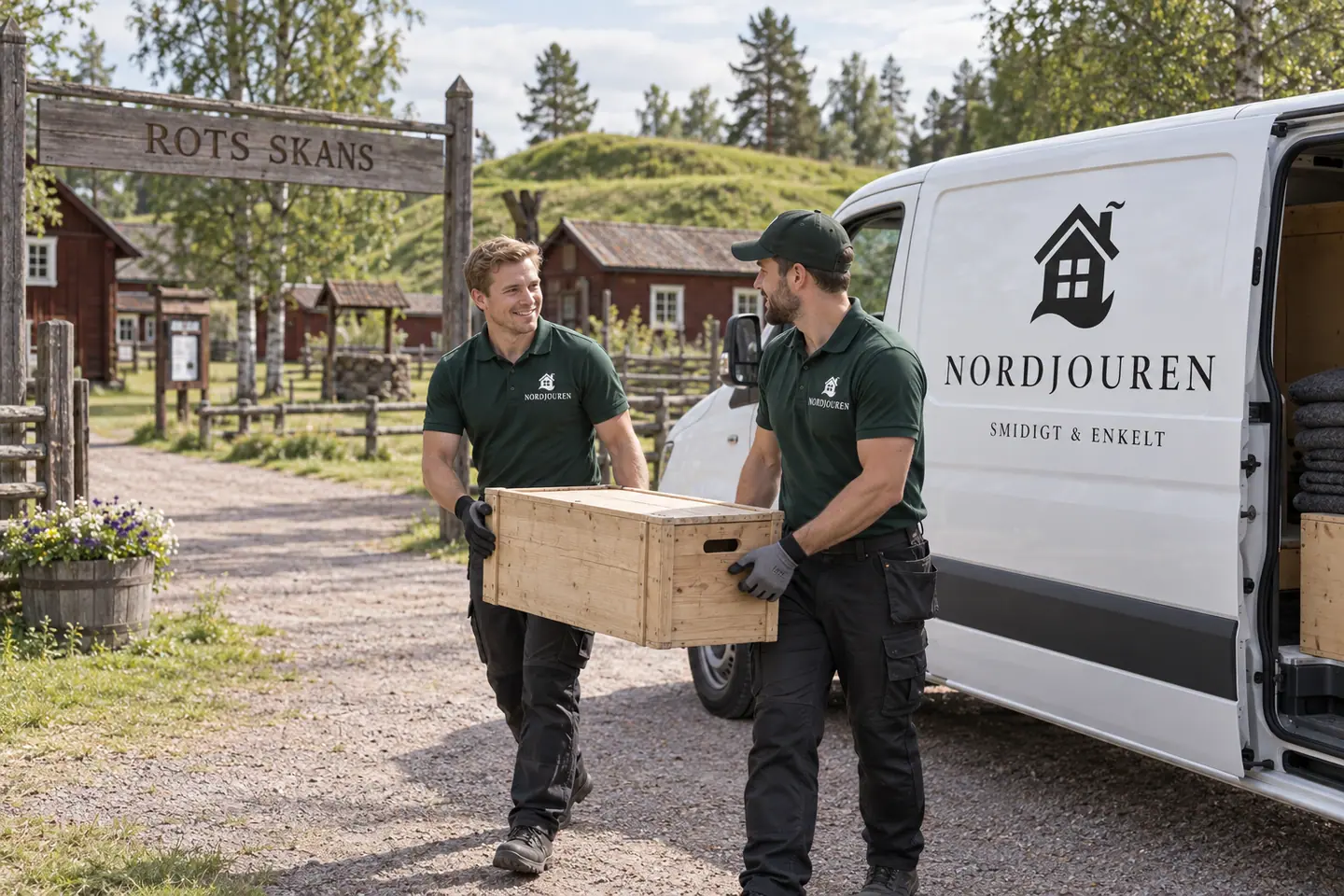Illustration: Nordjourens bil och personal i Rots Skans, hembygdsmiljön vid rots skans