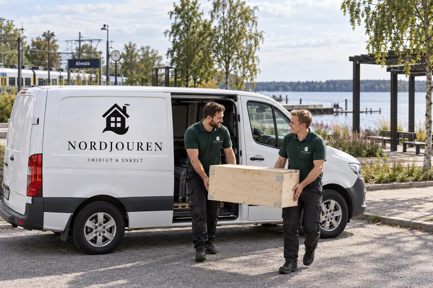 Illustration: Nordjourens bil och personal i Alvesta, sjöparken vid salens norra strand