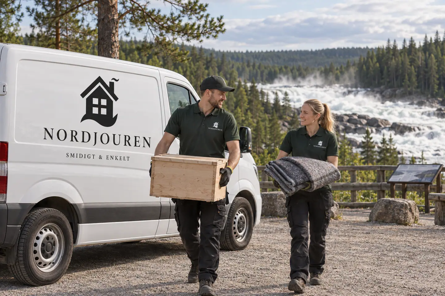 Illustration: Nordjourens bil och personal i Storforsen, storforsens publika utsiktsområde