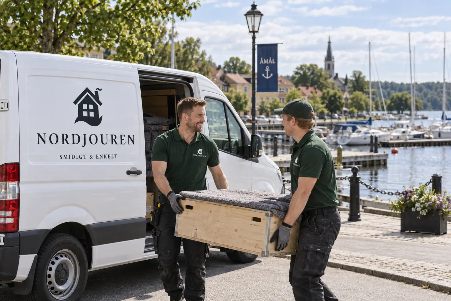 Illustration: Nordjourens bil och personal i Åmål, gästhamnen vid vänern och kanten av gamla staden