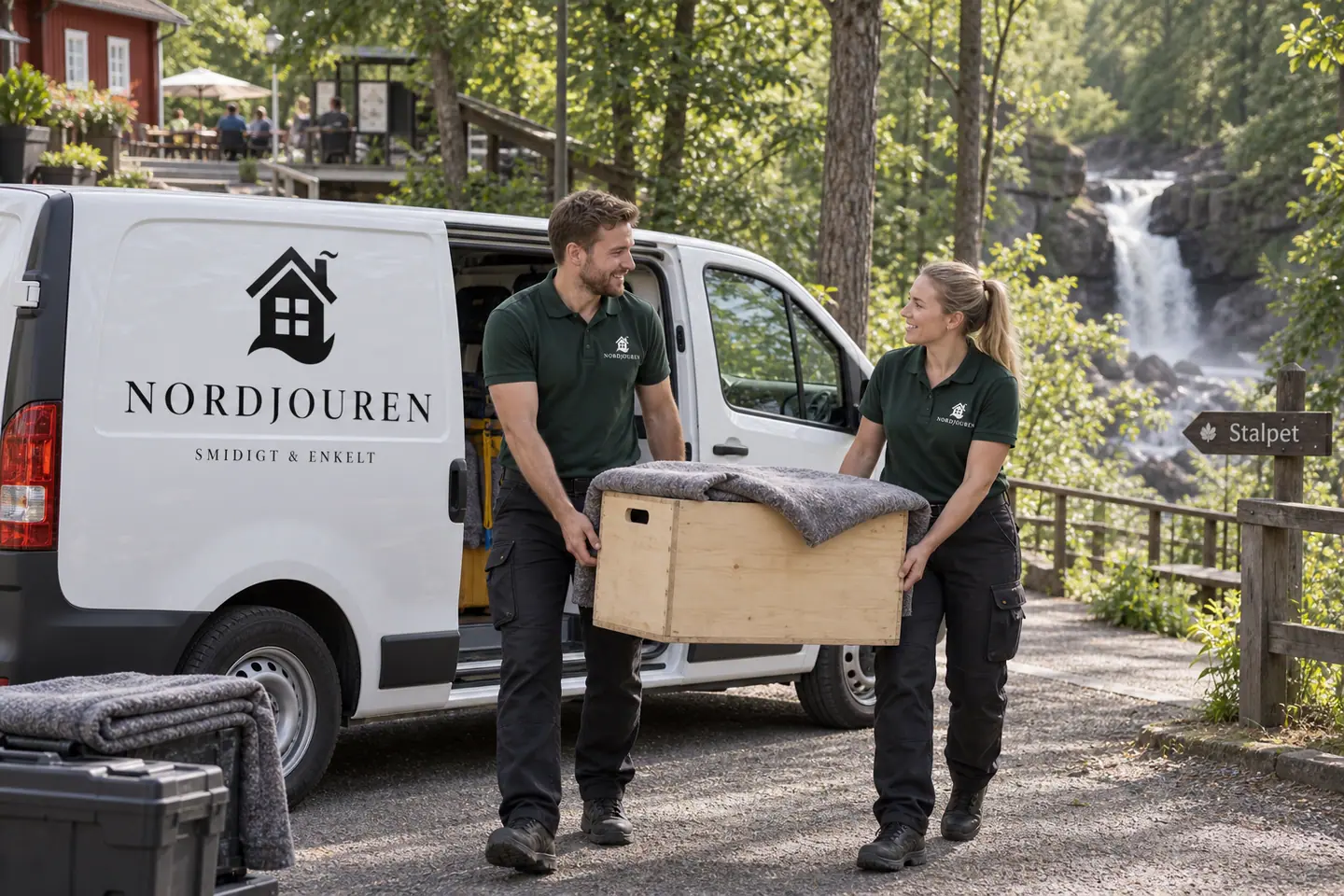 Illustration: Nordjourens bil och personal i Aneby, tillfarten vid stalpet och svartåns ravin