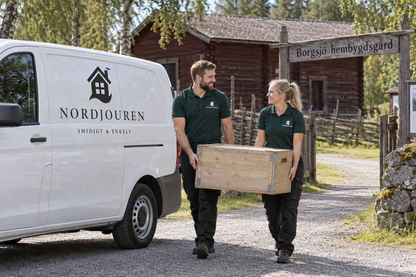 Illustration: Nordjourens bil och personal i Borgsjö, borgsjö hembygdsgårds entrémiljö