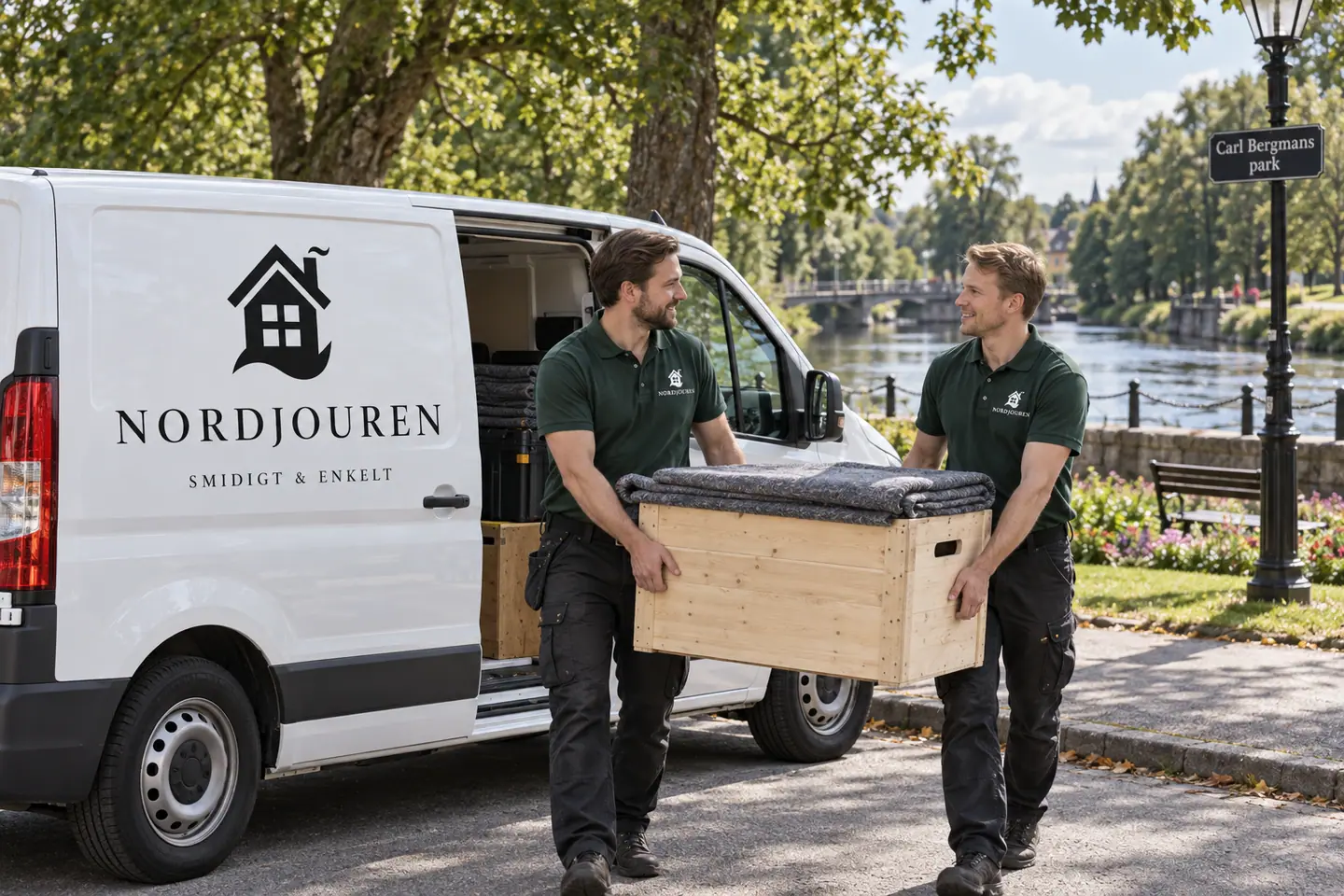 Illustration: Nordjourens bil och personal i Arboga, carl bergmans park och kajen vid arbogaån