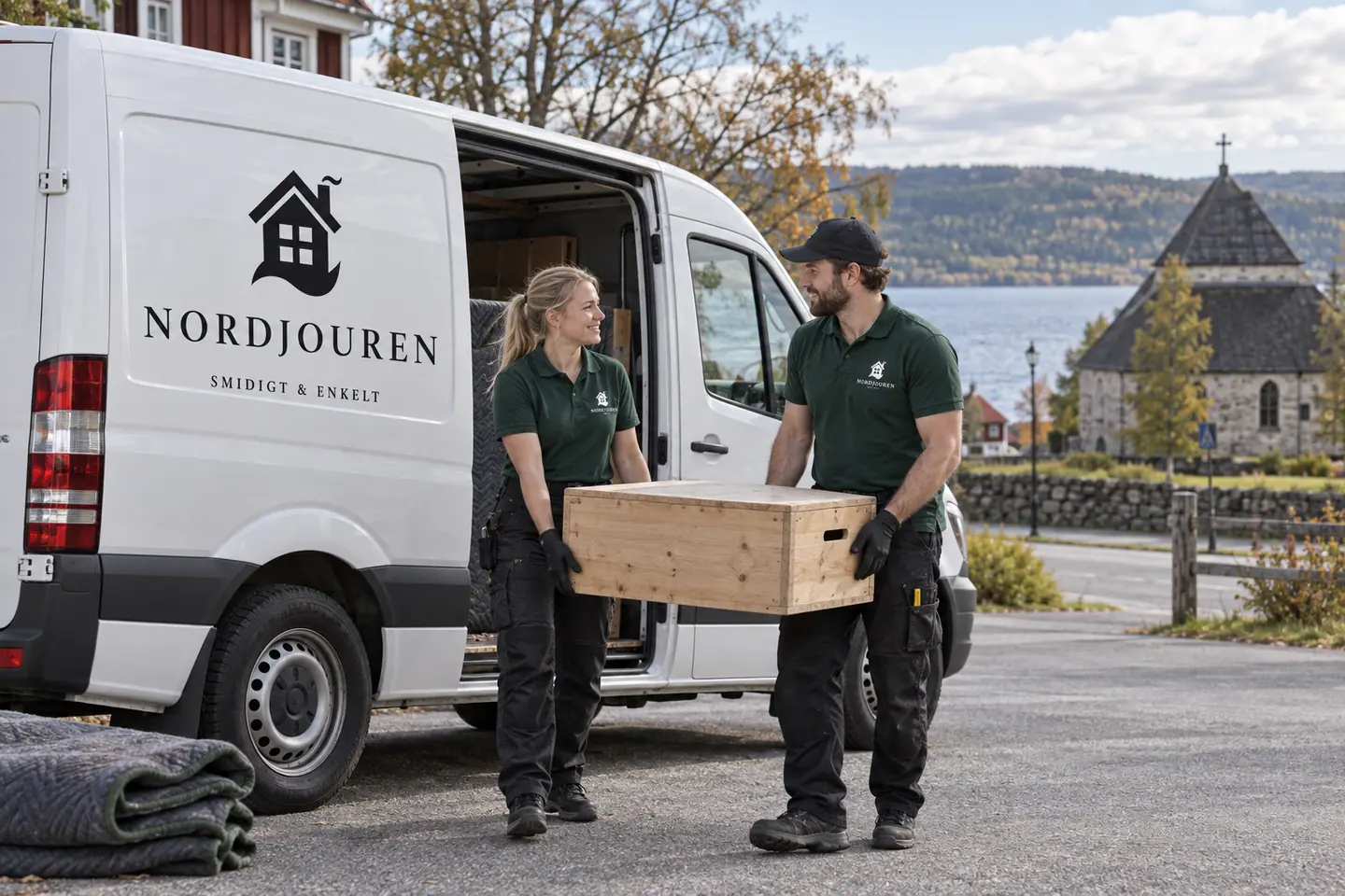 Illustration: Nordjourens bil och personal i Åre, gaturummet nära åre gamla kyrka