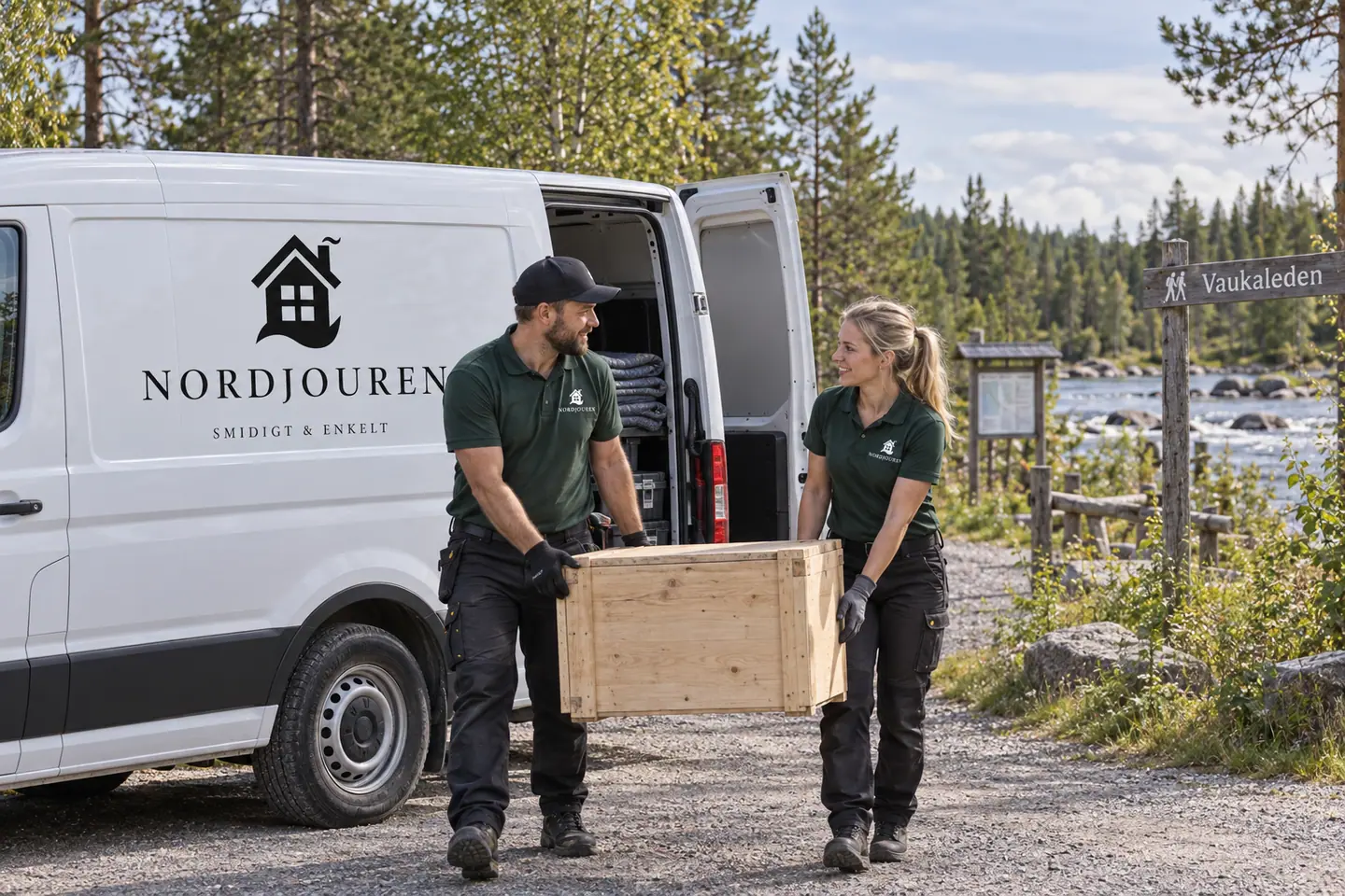 Illustration: Nordjourens bil och personal i Arjeplog, öbergasidans tillfart till vaukaleden