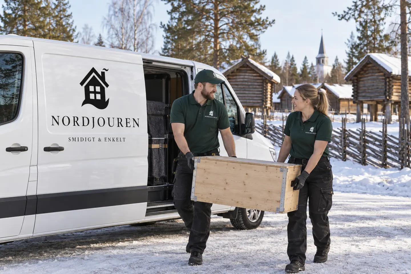 Illustration: Nordjourens bil och personal i Arvidsjaur, gatumiljö utanför lappstadens kulturmiljö