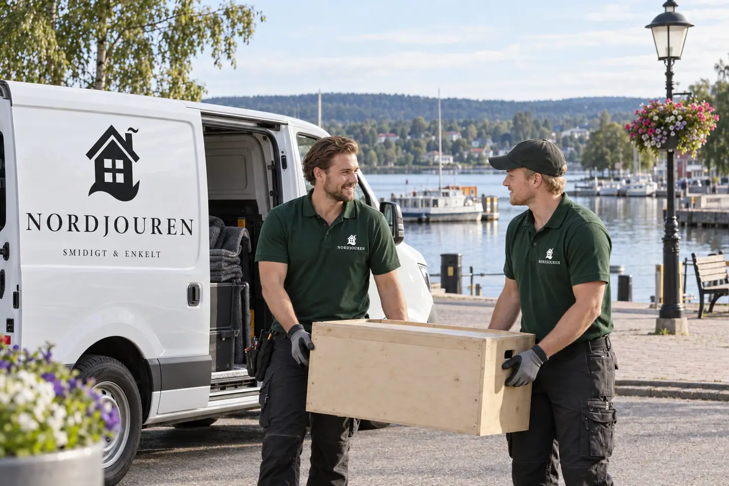 Illustration: Nordjourens bil och personal i Arvika, hamnområdet vid norra kyrkviken