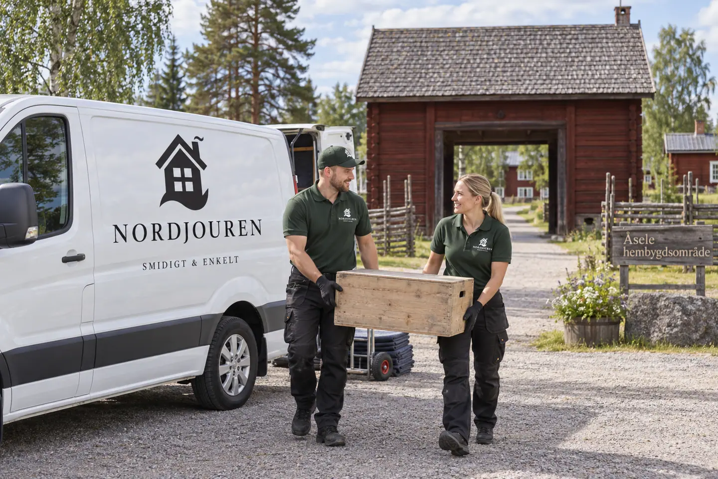 Illustration: Nordjourens bil och personal i Åsele, åsele hembygdsområde vid portlidret