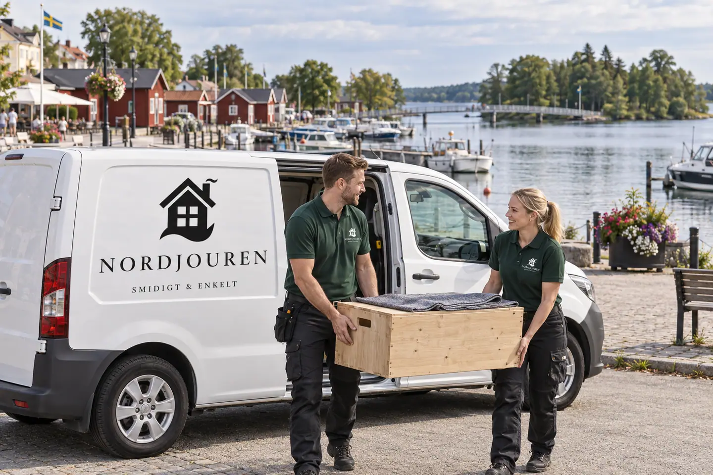 Illustration: Nordjourens bil och personal i Askersund, hamntorget och alsens strand