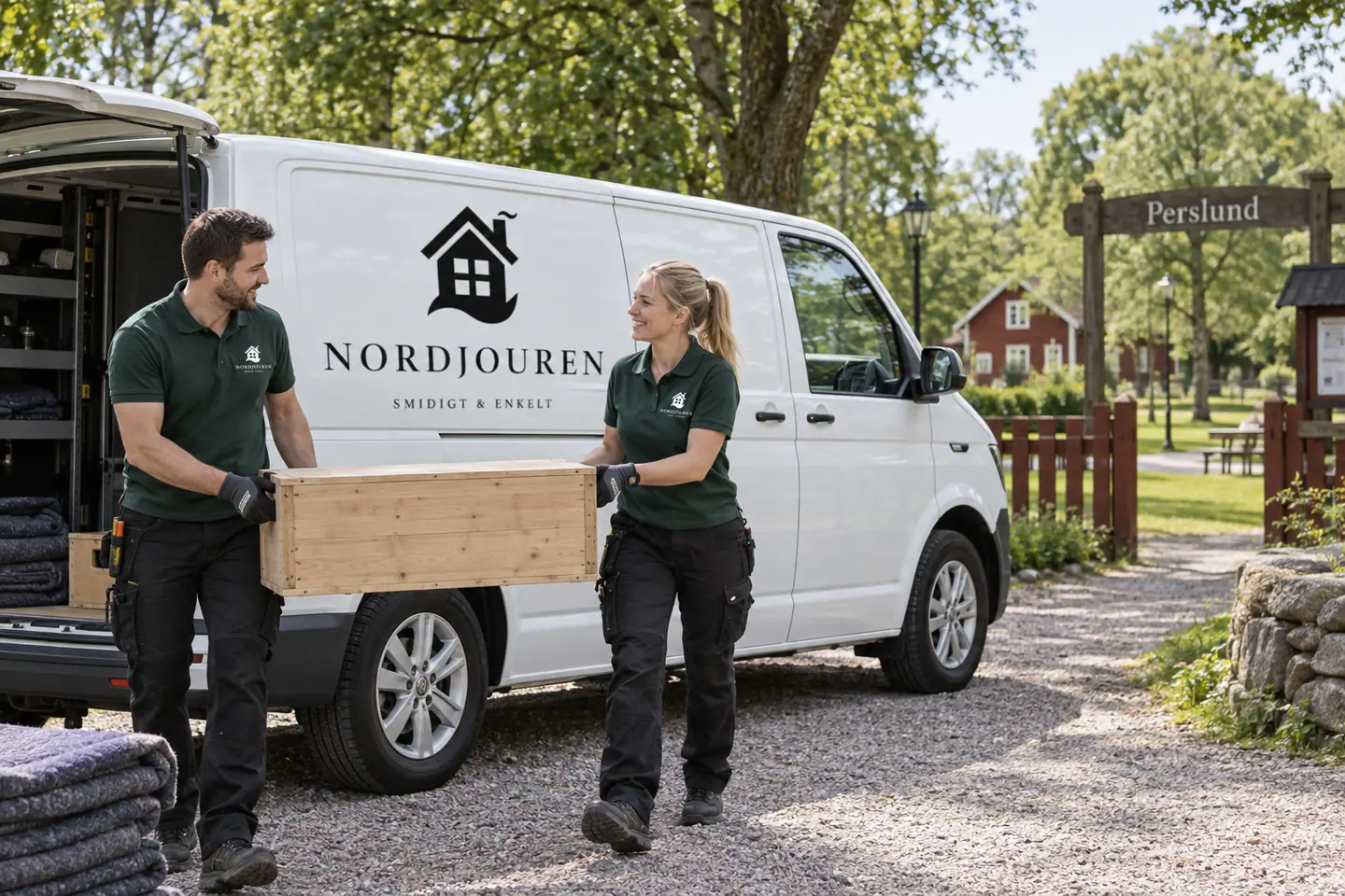 Illustration: Nordjourens bil och personal i Åstorp, perslunds gröna entrémiljö