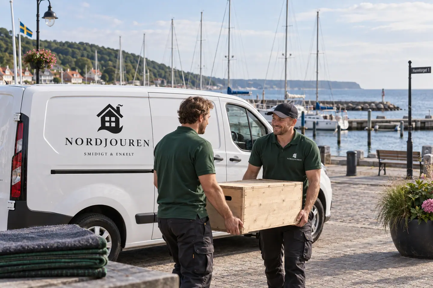 Illustration: Nordjourens bil och personal i Båstad, hamntorget och gästhamnen