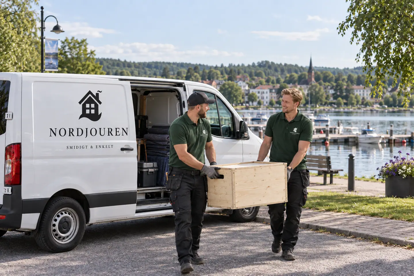 Illustration: Nordjourens bil och personal i Bengtsfors, centrumnära strandmiljö vid lelång