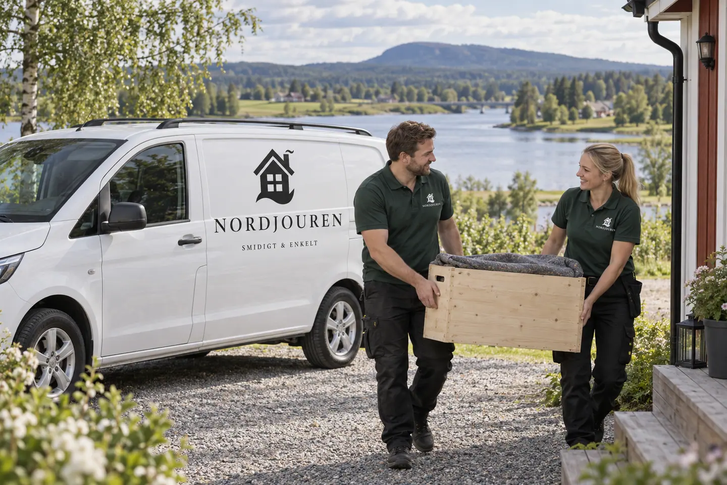 Illustration: Nordjourens bil och personal i Svenstavik, svenstavik vid svenstaåns utlopp i storsjön