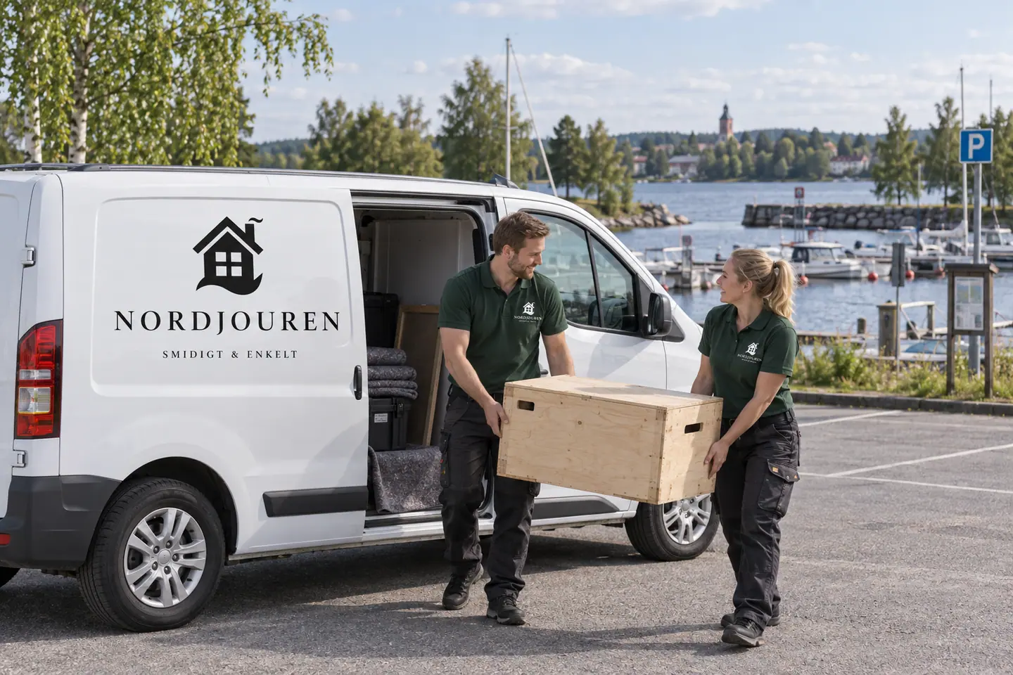 Illustration: Nordjourens bil och personal i Bollnäs, långnäs småbåtshamn mot varpen