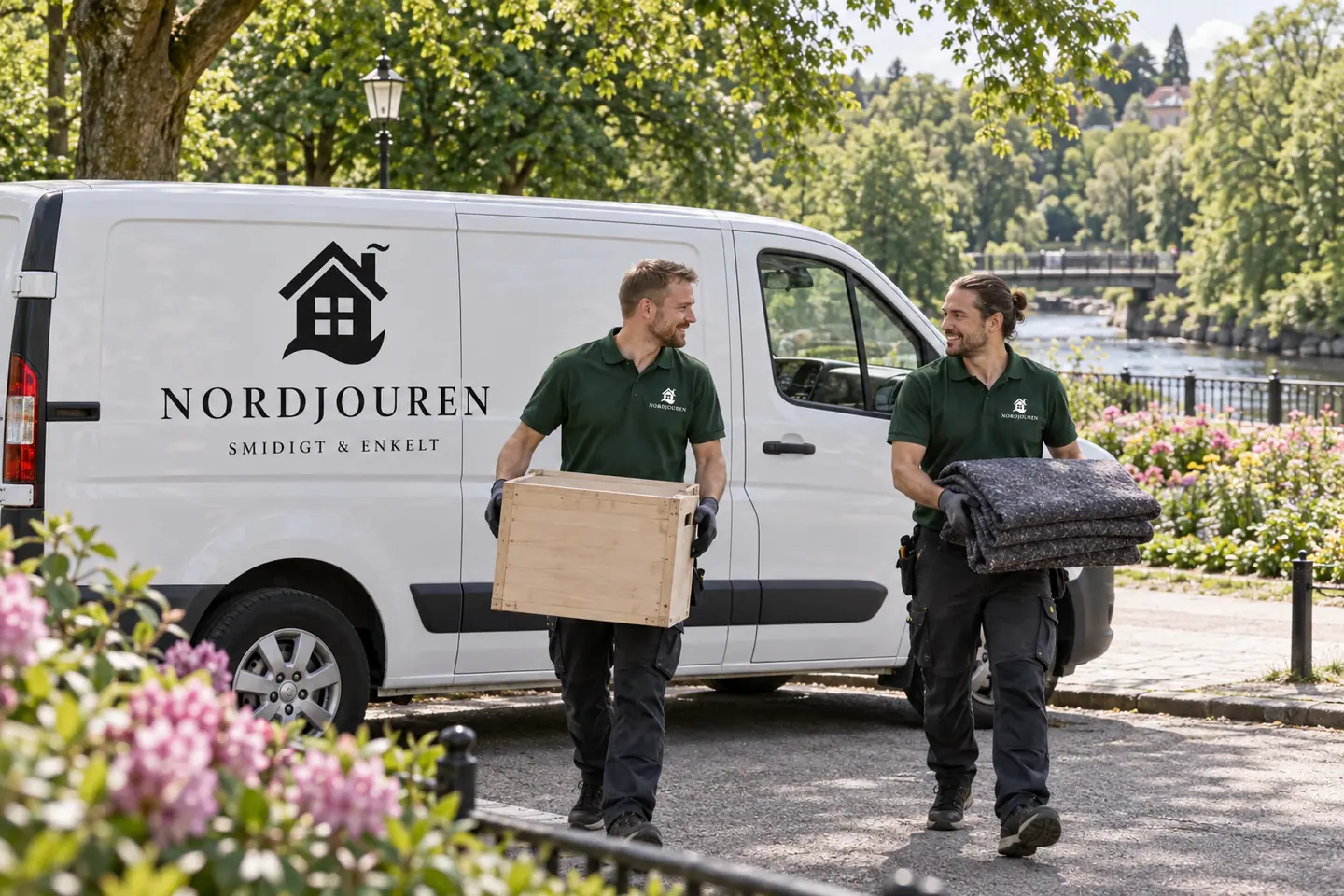 Illustration: Nordjourens bil och personal i Borås, stadsparken vid viskan