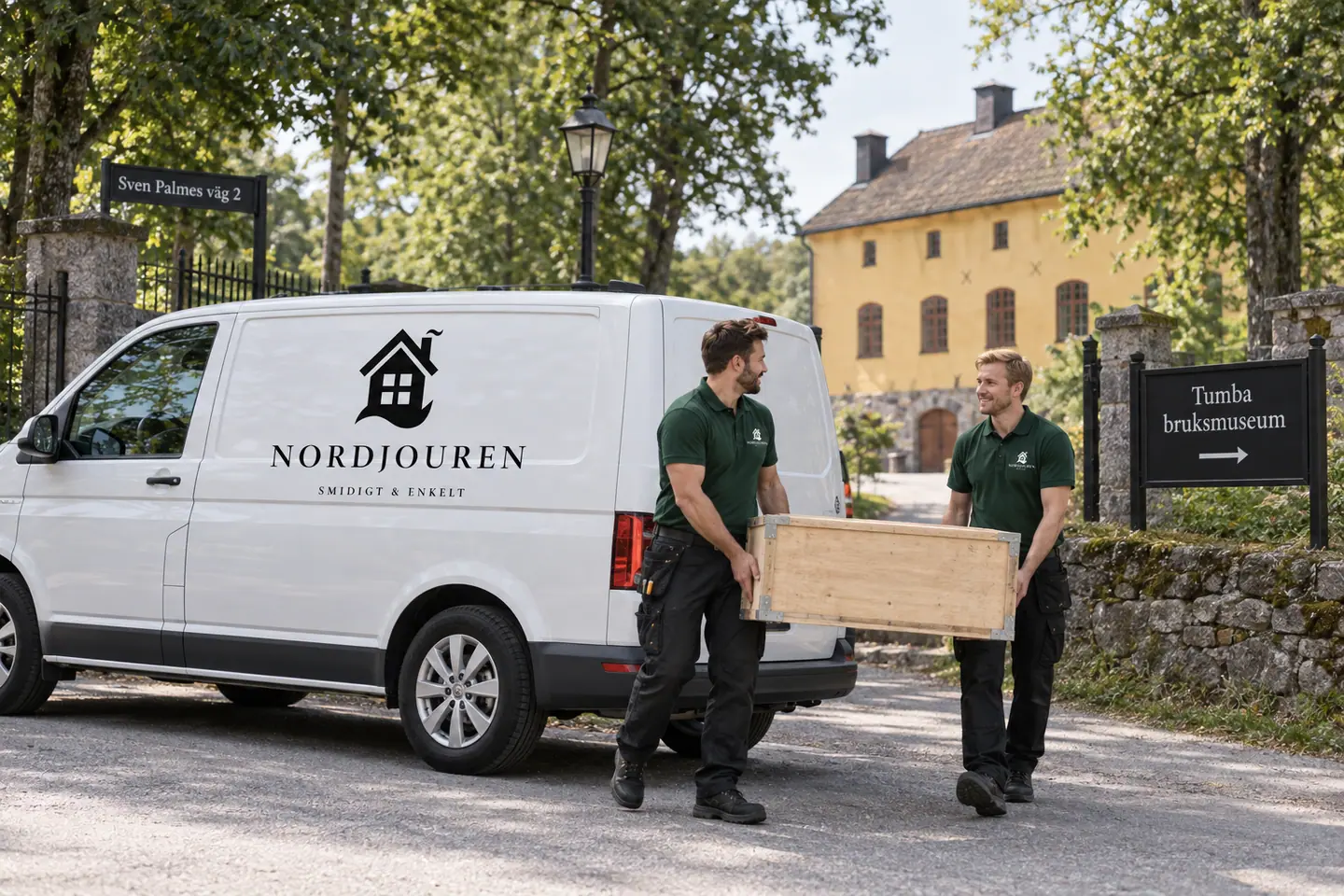 Illustration: Nordjourens bil och personal i Tumba, tumba bruks offentliga museimiljö