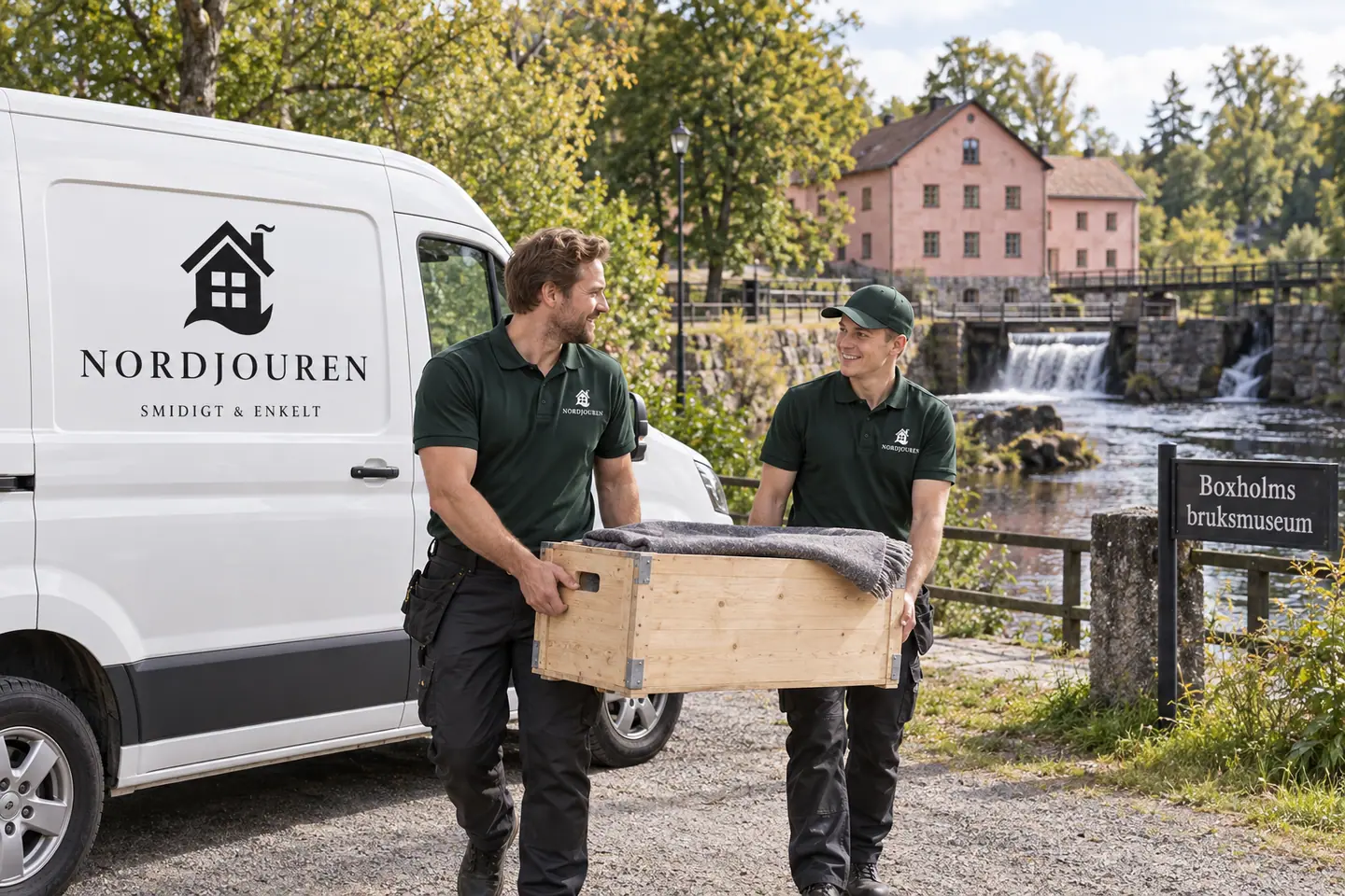 Illustration: Nordjourens bil och personal i Boxholm, svartån vid bruksmuseet