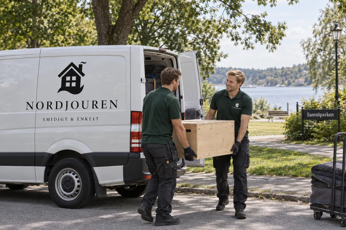 Illustration: Nordjourens bil och personal i Djursholm, samsöparken och samsöviken