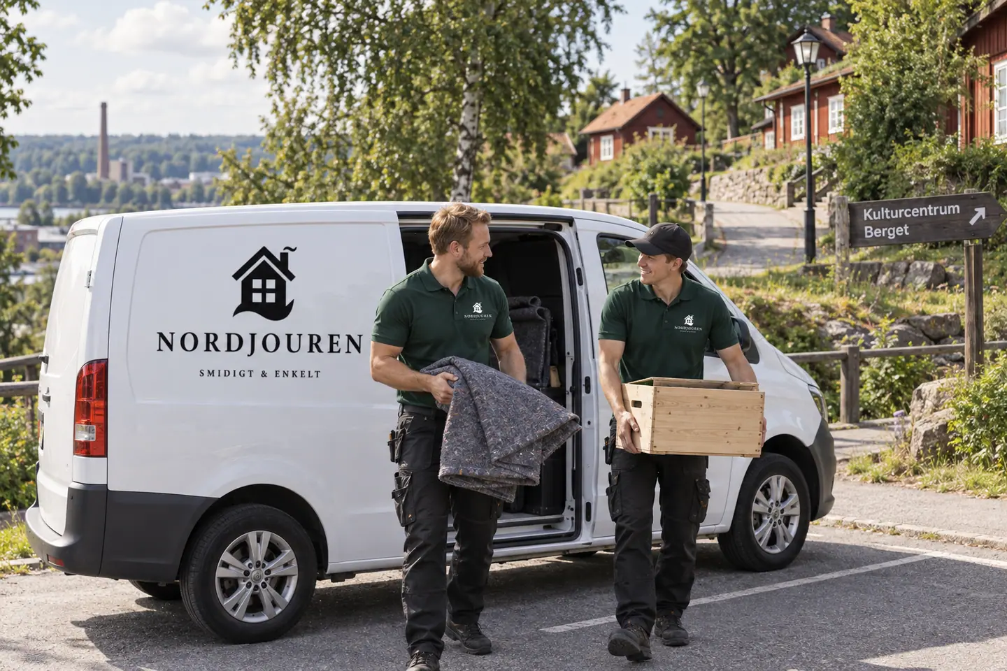 Illustration: Nordjourens bil och personal i Degerfors, tillfarten till kulturcentrum berget