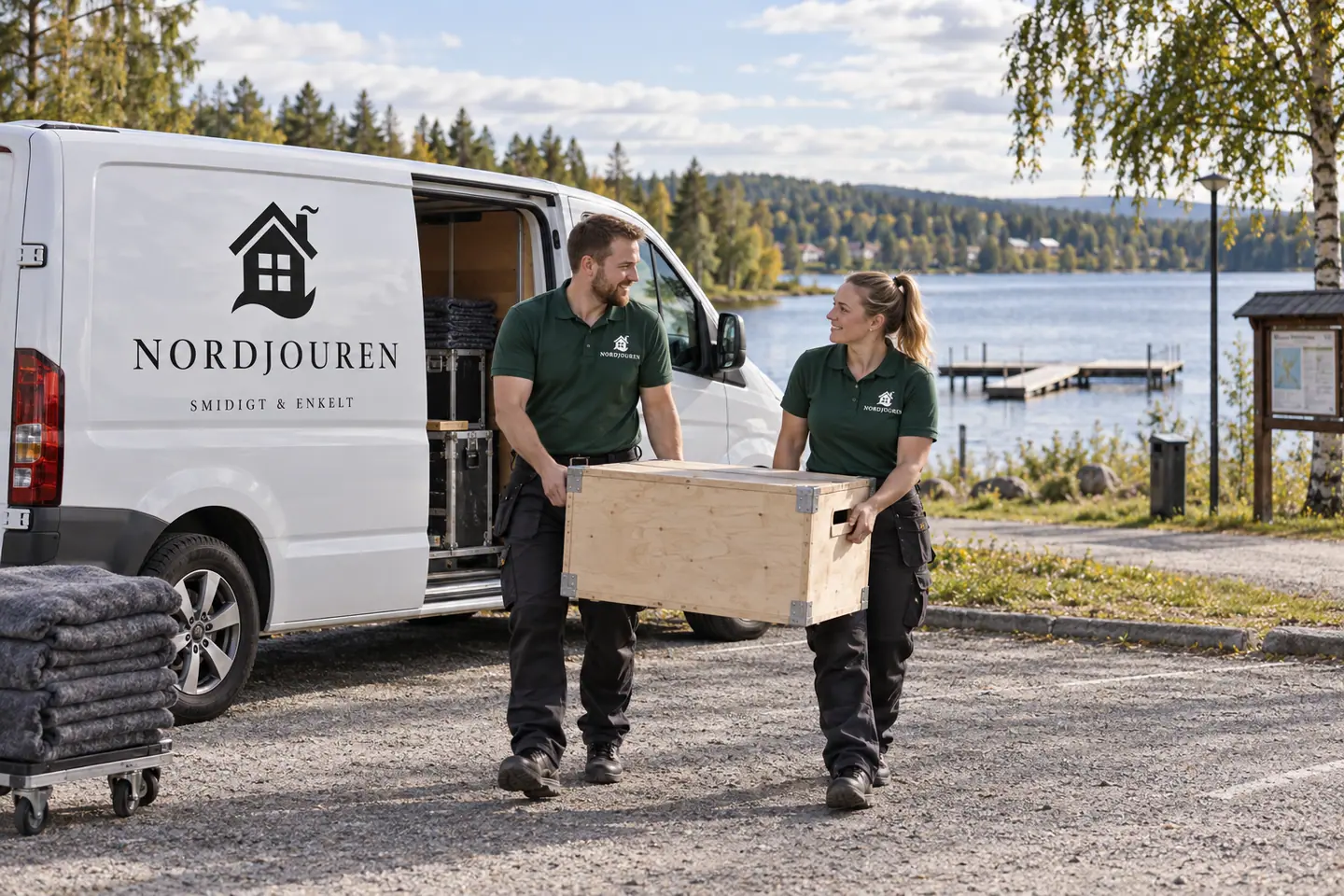 Illustration: Nordjourens bil och personal i Dorotea, parkeringsfickan vid bergvattensjöns t-brygga