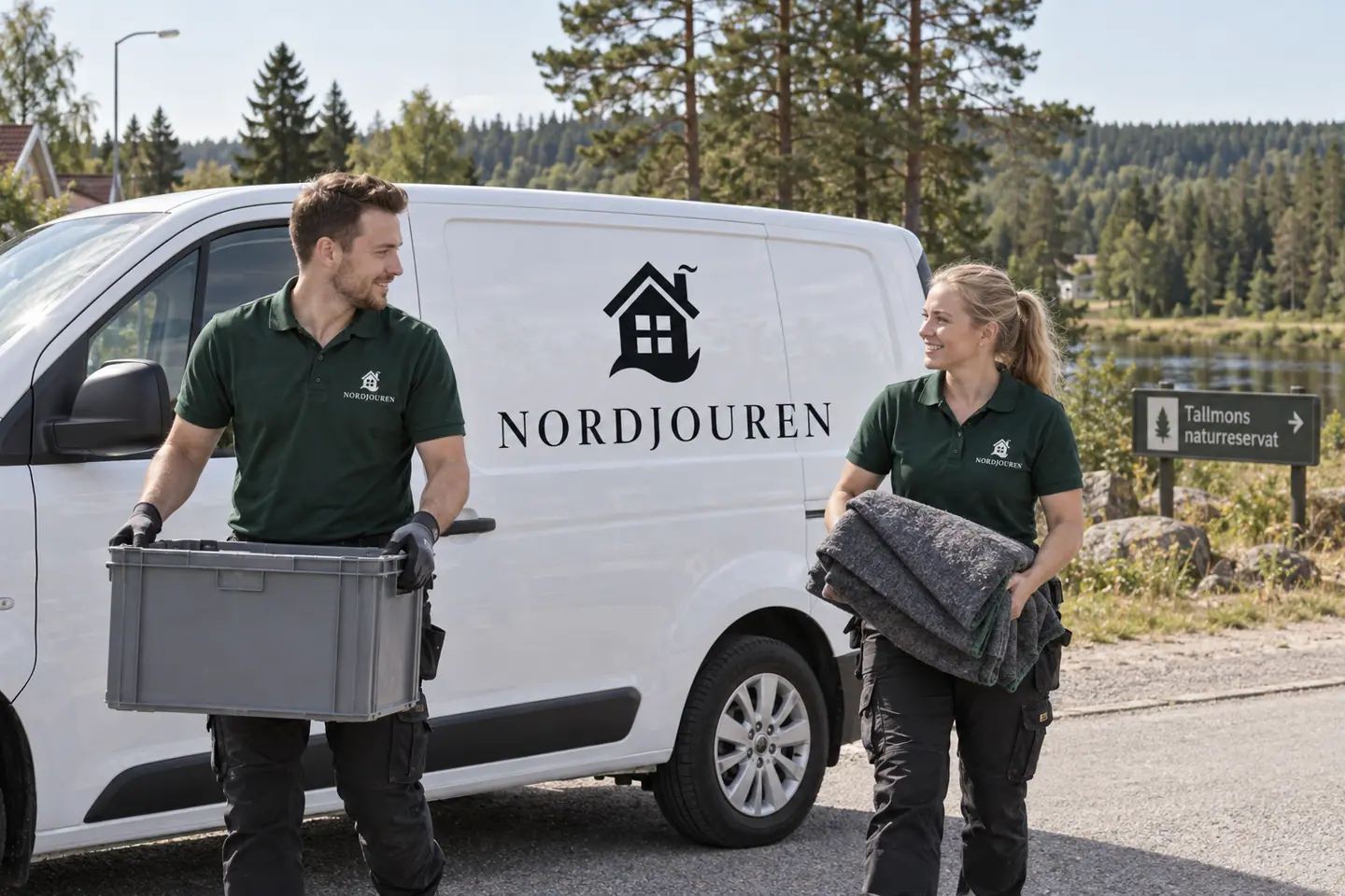 Illustration: Nordjourens bil och personal i Charlottenberg, gatumiljö vid tallmons skogskant