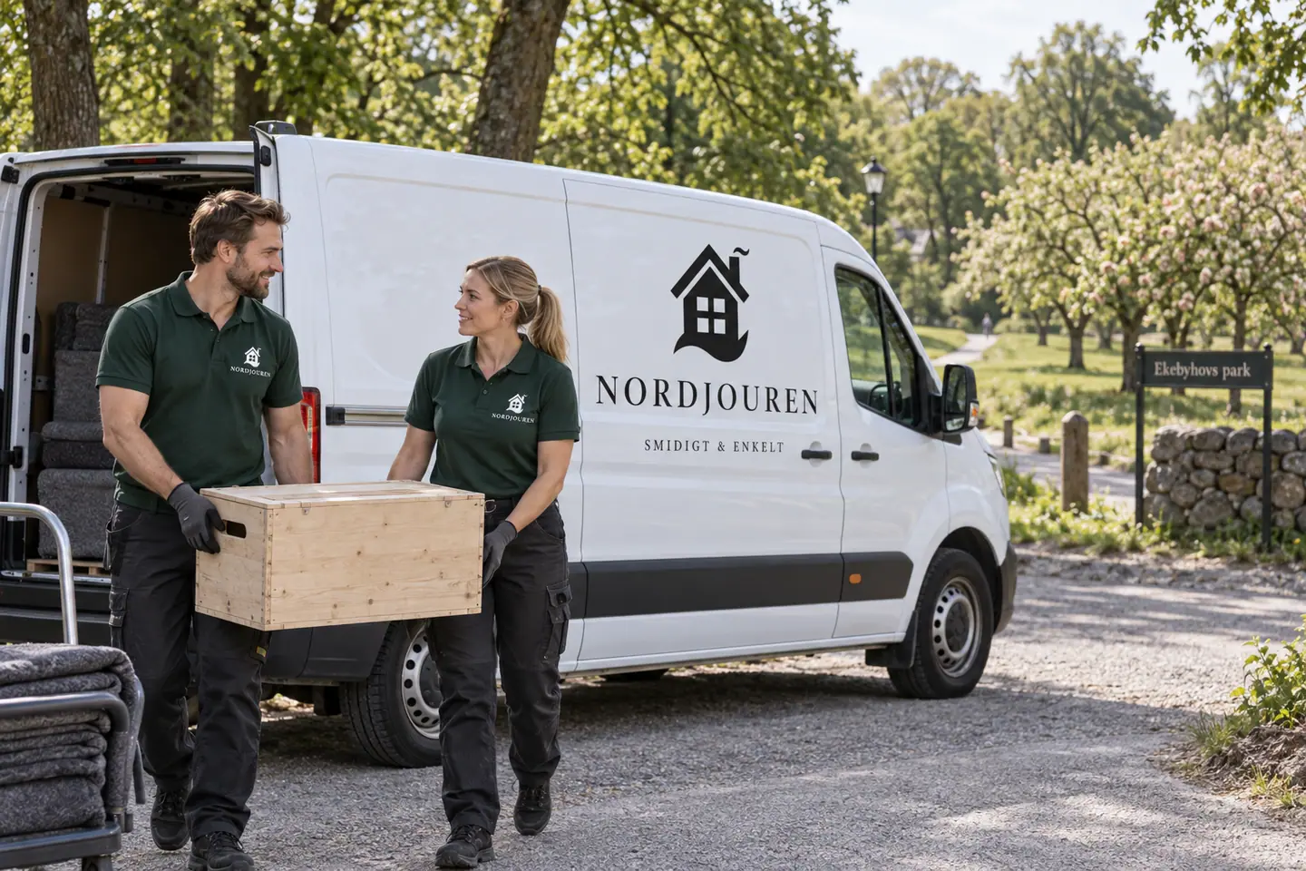 Illustration: Nordjourens bil och personal i Ekerö, ekebyhovs park- och allémiljö