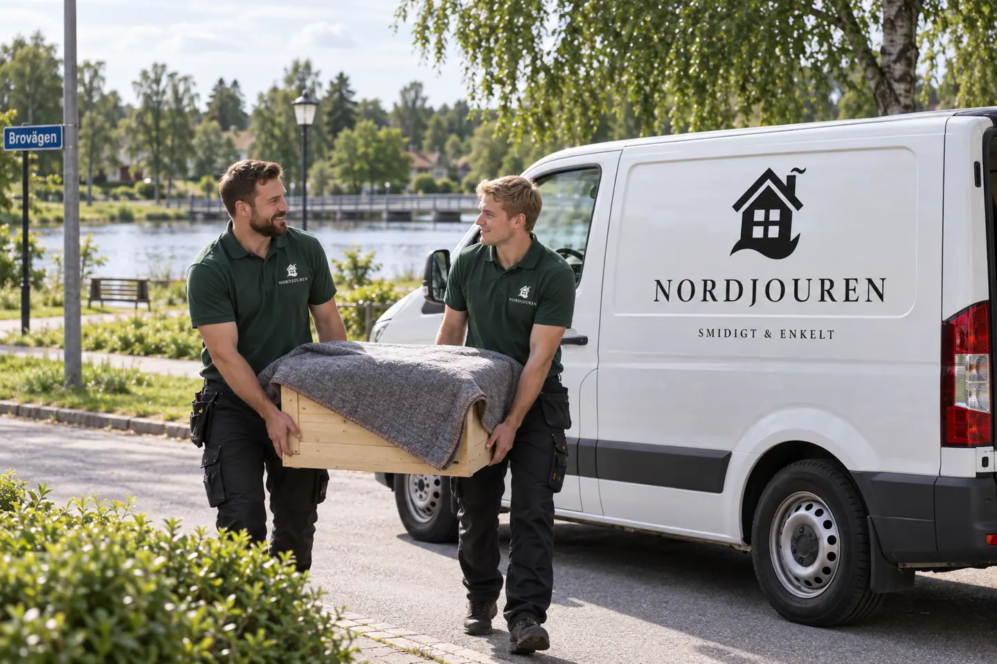Illustration: Nordjourens bil och personal i Emmaboda, er-sjöns parkmiljö vid brovägen