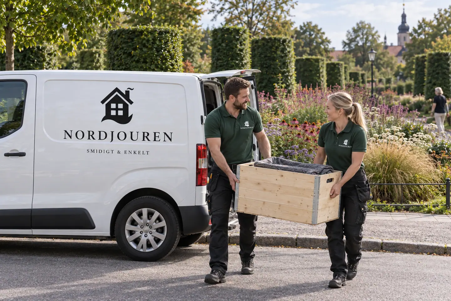 Illustration: Nordjourens bil och personal i Enköping, drömparkens kant mot ågatan