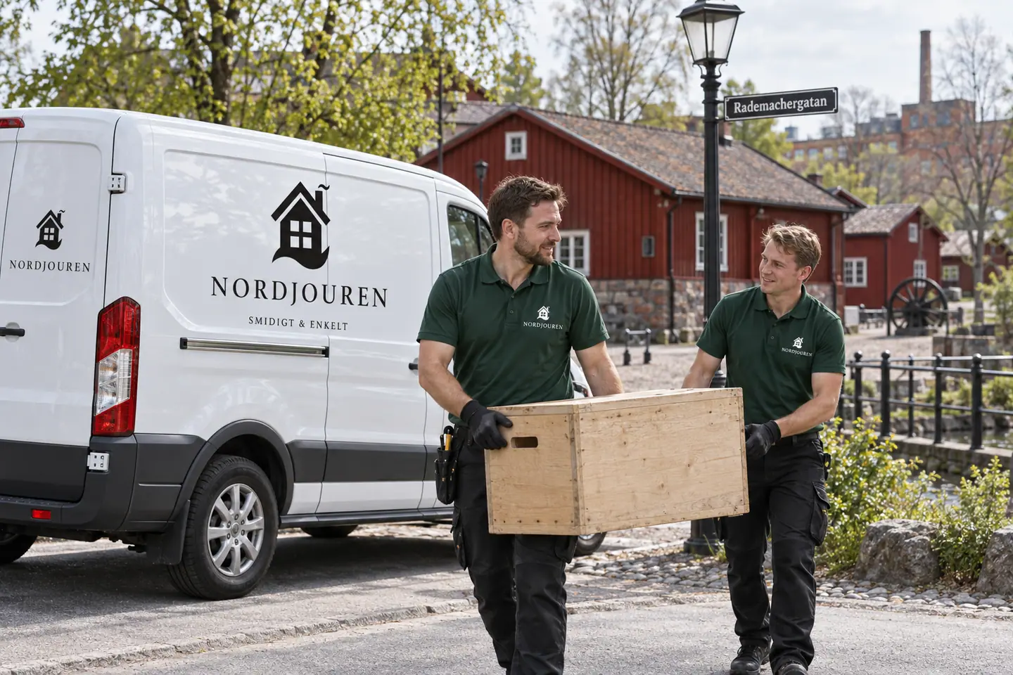 Illustration: Nordjourens bil och personal i Eskilstuna, rademachergatan vid rademachersmedjorna