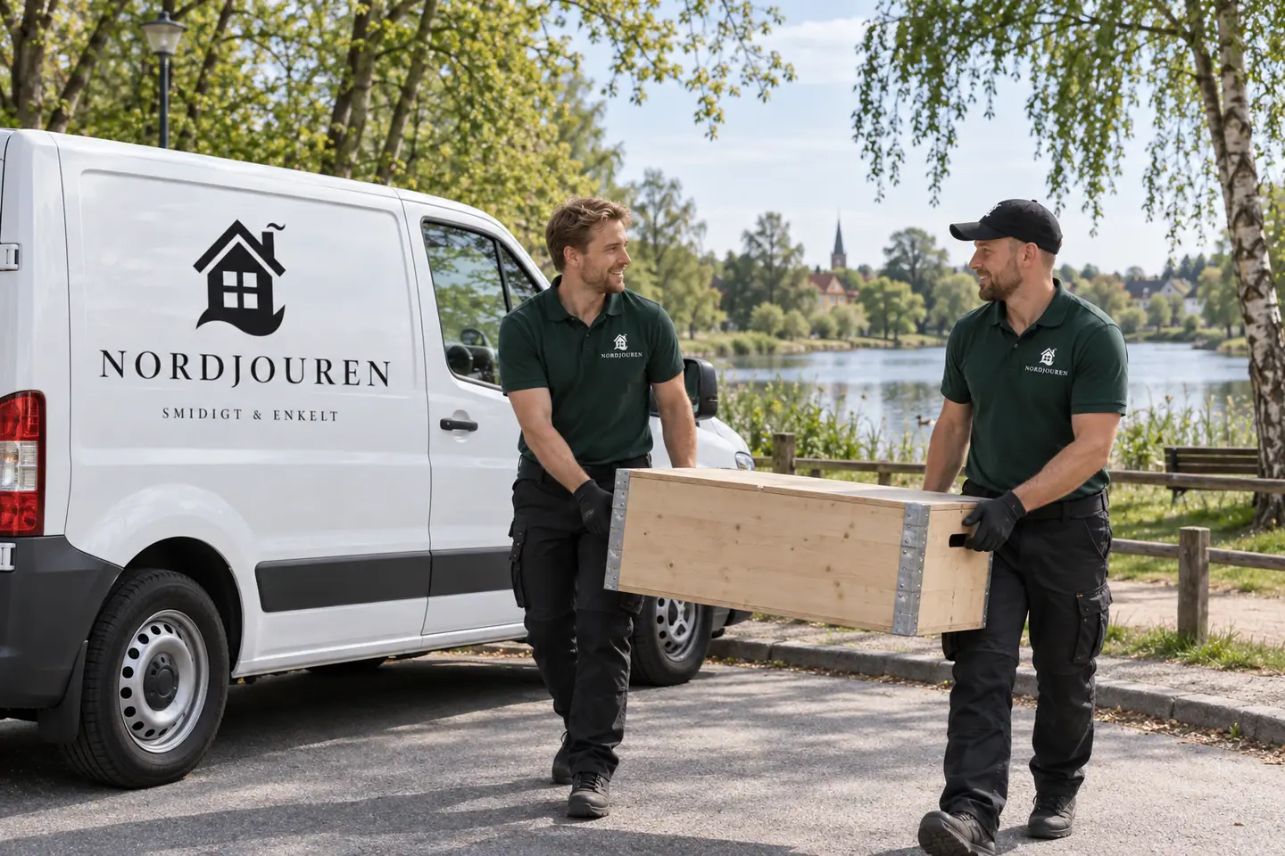 Illustration: Nordjourens bil och personal i Eslöv, gatumiljö vid trollsjöområdets gröna kant