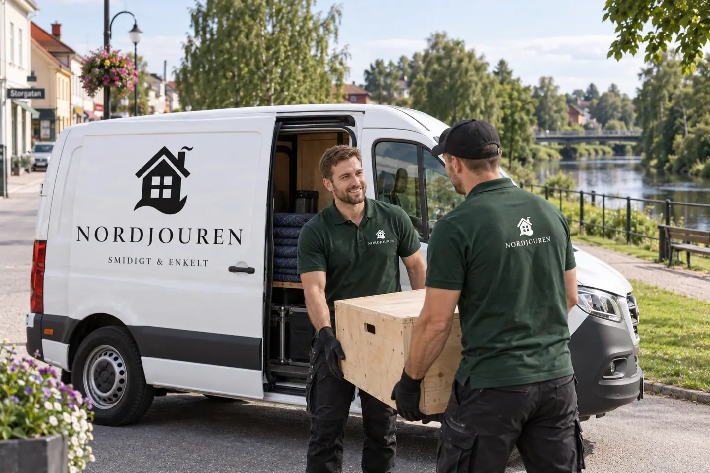 Illustration: Nordjourens bil och personal i Nossebro, nossebro vid nossans strandstråk