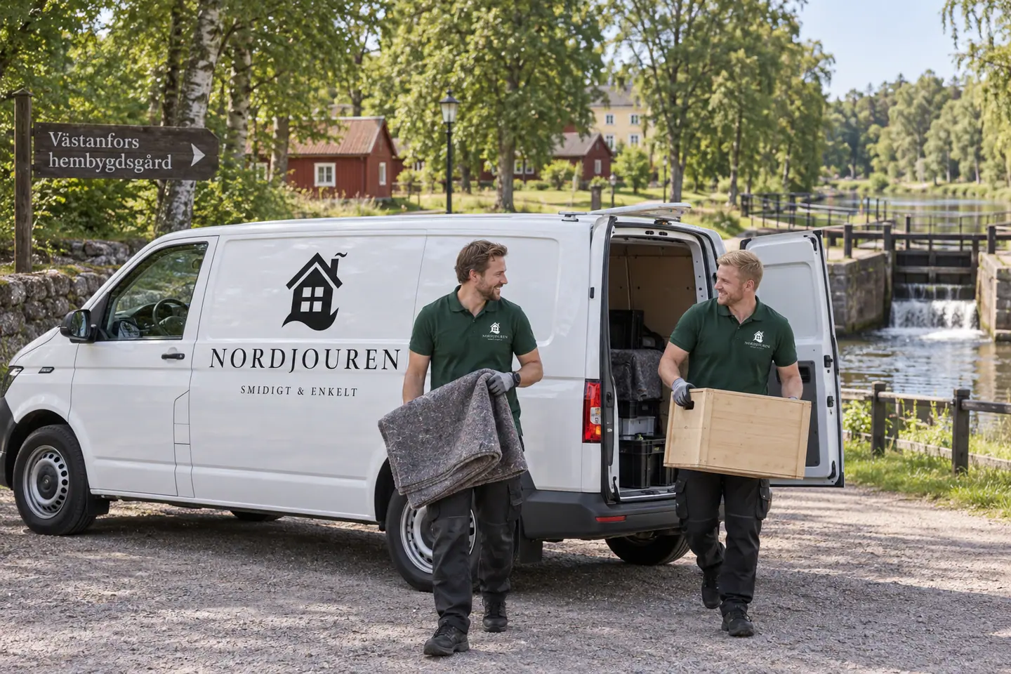 Illustration: Nordjourens bil och personal i Fagersta, västanfors hembygdsgård vid strömsholms kanal