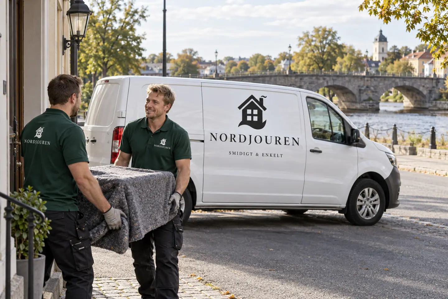 Illustration: Nordjourens bil och personal i Falkenberg, ätran vid tullbron