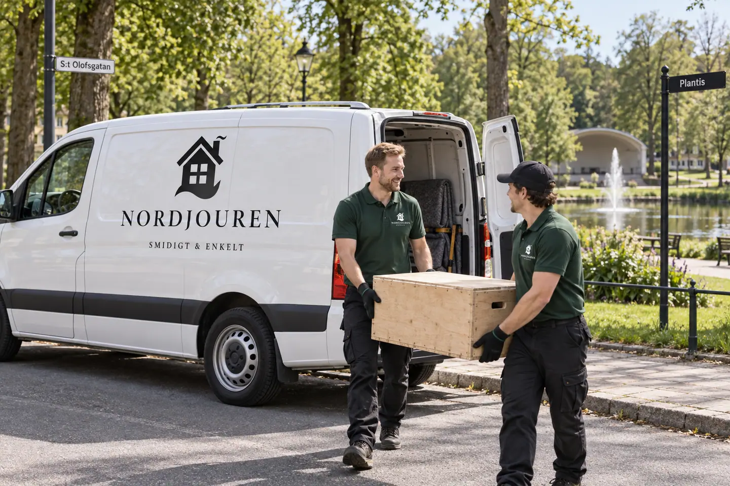 Illustration: Nordjourens bil och personal i Falköping, s:t olofsgatan vid plantis