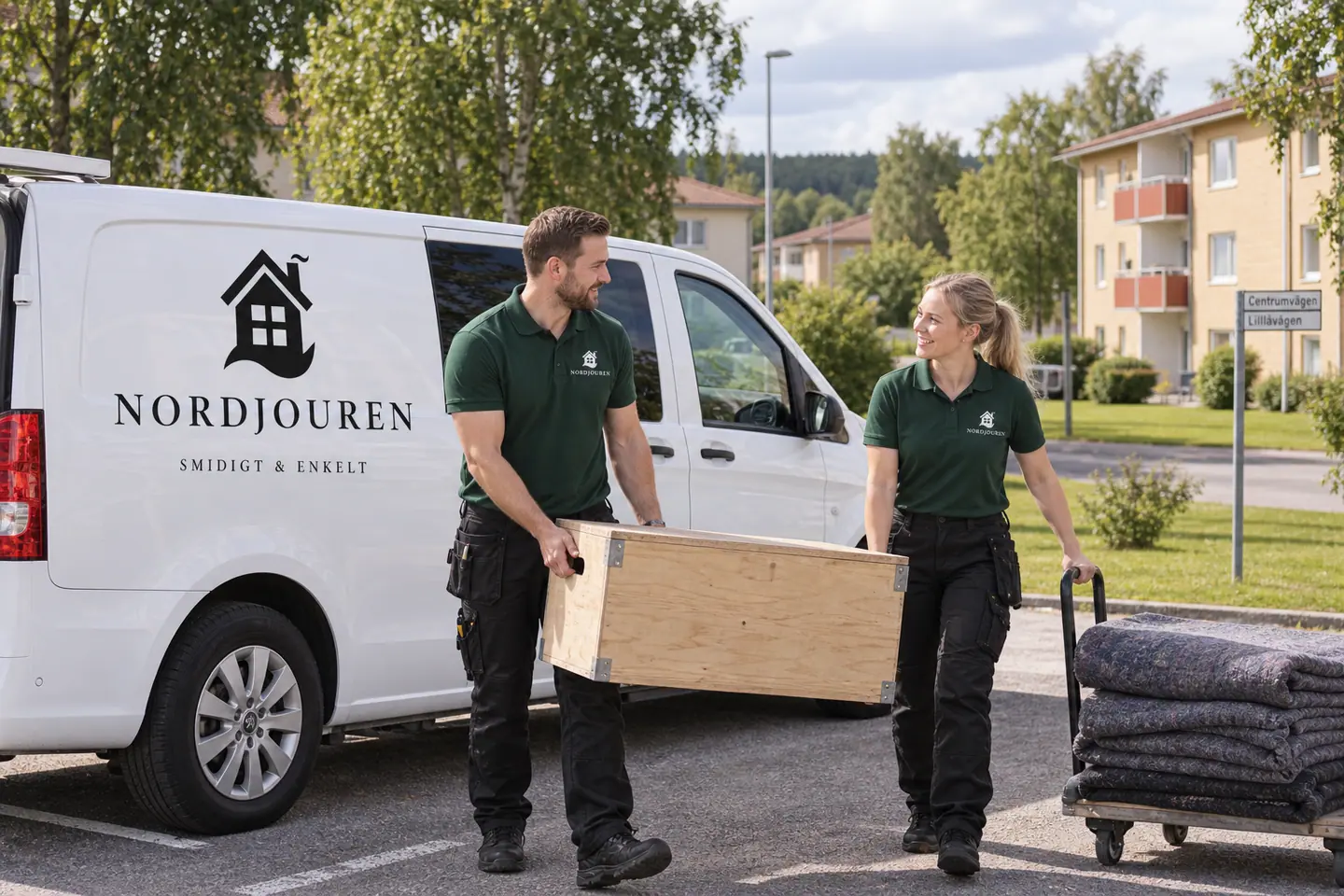 Illustration: Nordjourens bil och personal i Färgelanda, bostadsmiljön vid centrumvägen och lillåvägen