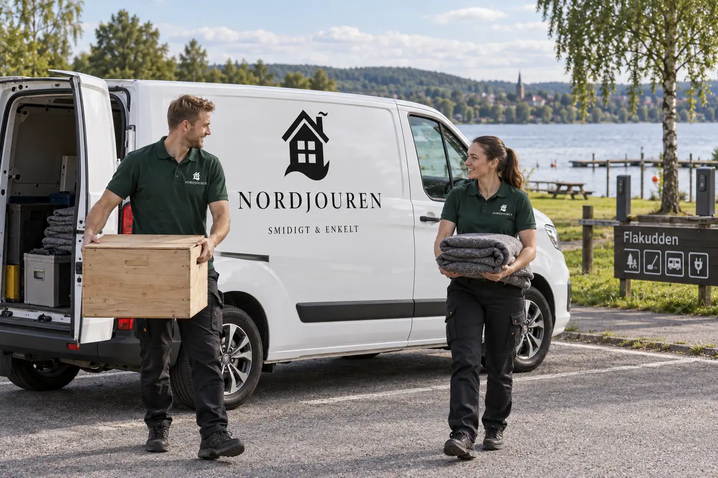 Illustration: Nordjourens bil och personal i Filipstad, flakudden vid kyrkviken och daglösen