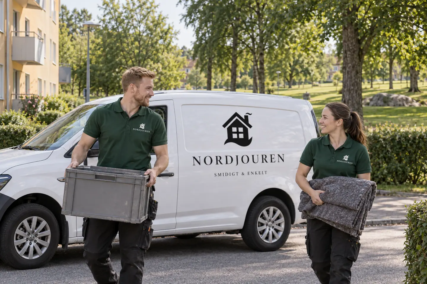 Illustration: Nordjourens bil och personal i Finspång, bostadsgata vid vibjörnsparken
