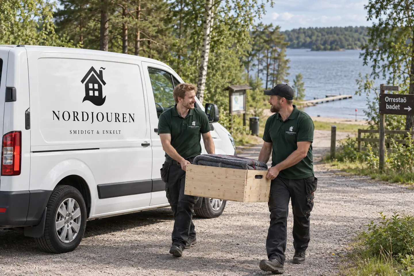 Illustration: Nordjourens bil och personal i Flen, tillfarten till orrestaöbadet vid orrhammaren