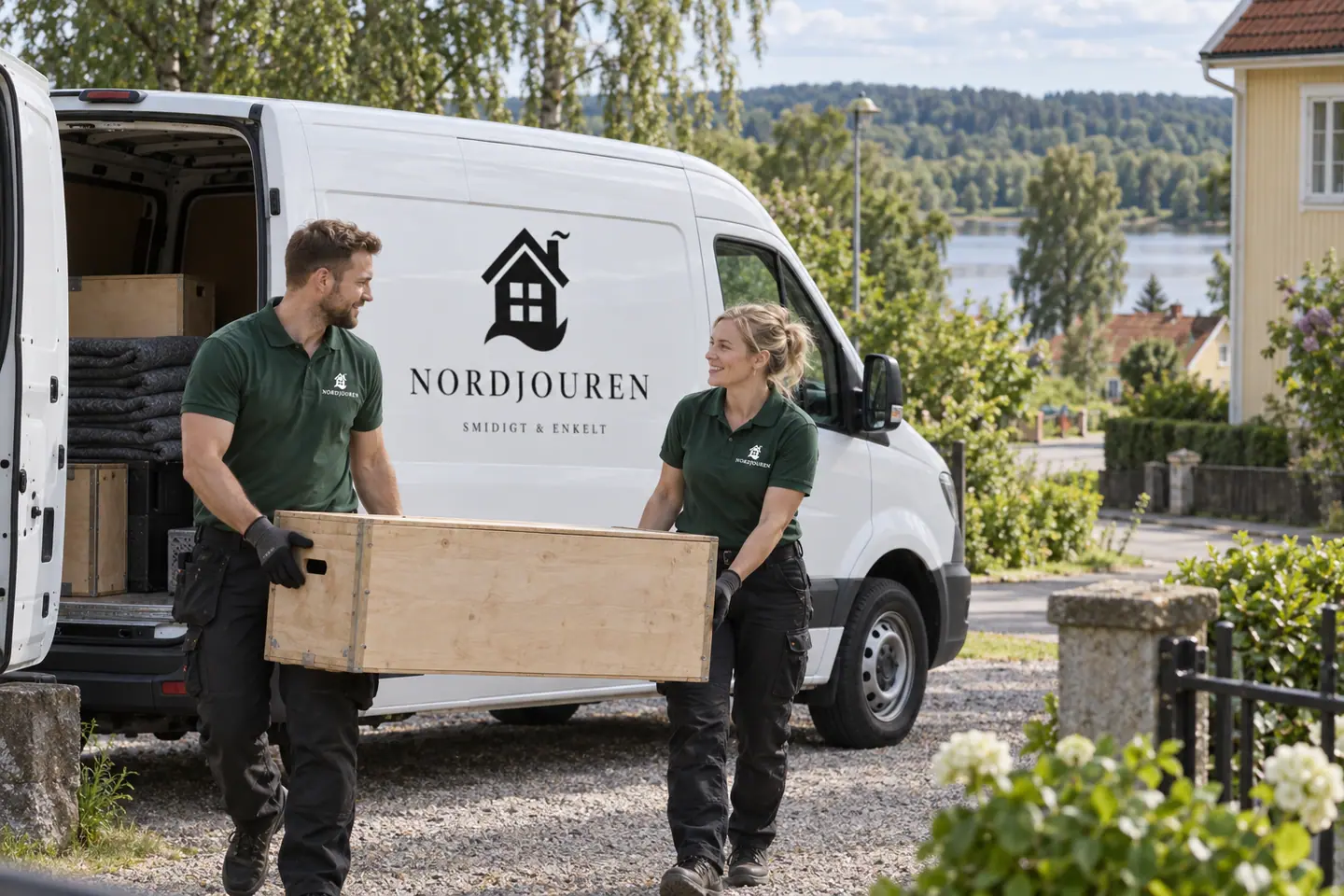 Illustration: Nordjourens bil och personal i Forshaga, skivstas äldre villamiljö vid klarälven