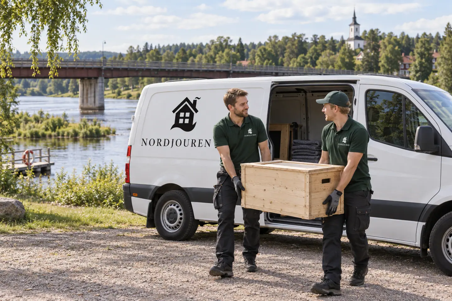 Illustration: Nordjourens bil och personal i Gagnefs kyrkby, landfästet vid flottbron över österdalälven