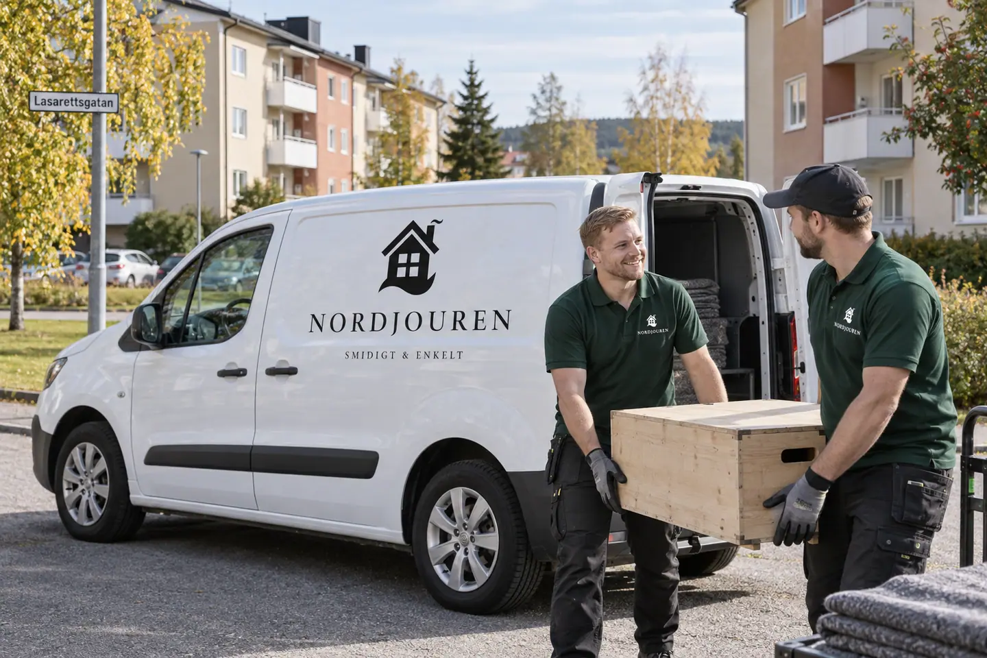Illustration: Nordjourens bil och personal i Gällivare, lasarettsgatans bostadsmiljö nära vassaraälven