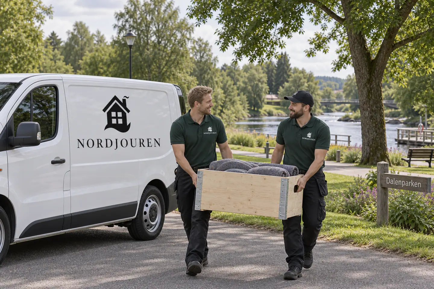 Illustration: Nordjourens bil och personal i Gislaved, gatumiljö vid dalenparken och nissan