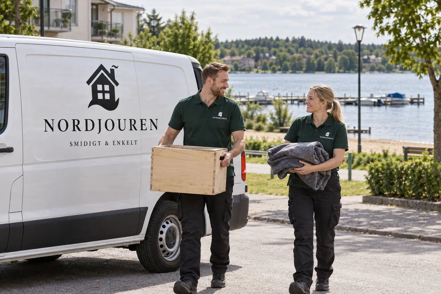 Illustration: Nordjourens bil och personal i Gnesta, frösjöstrand vid frösjön