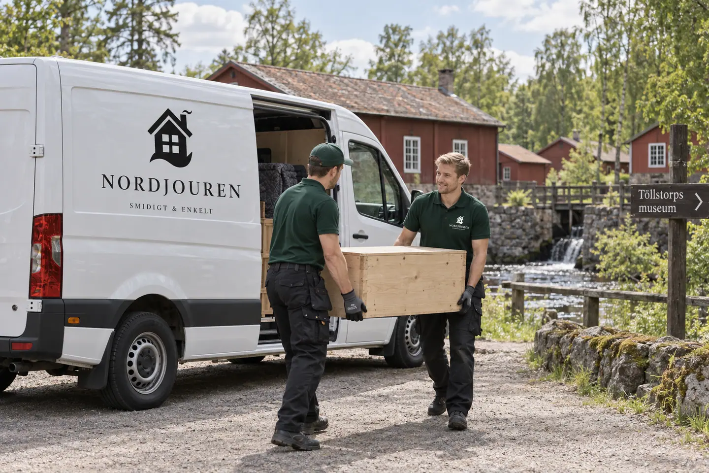 Illustration: Nordjourens bil och personal i Gnosjö, tillfarten till töllstorps industrimiljö