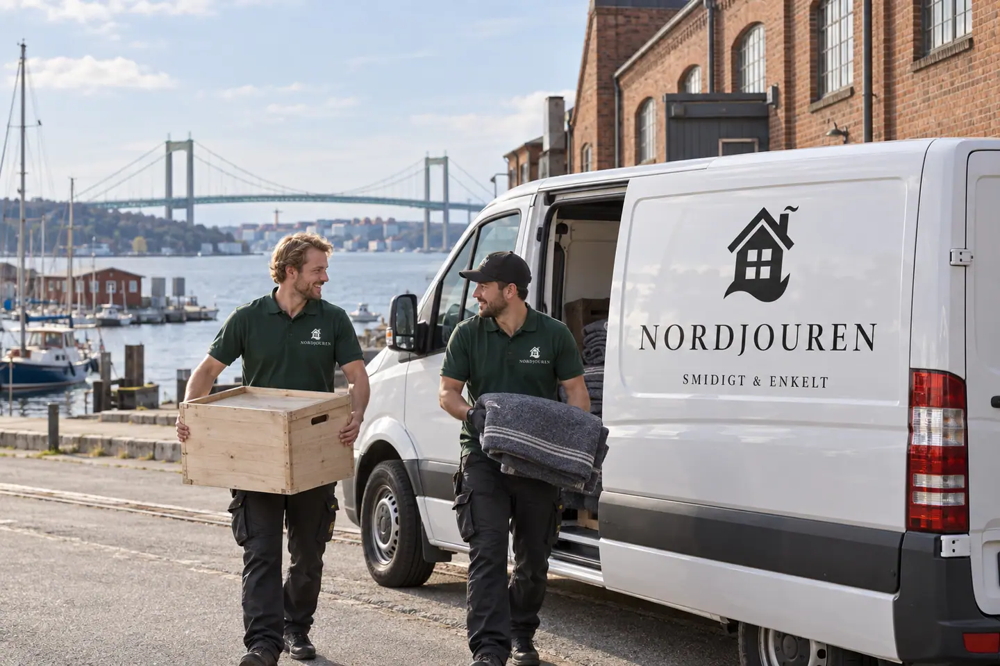 Illustration: Nordjourens bil och personal i Göteborg, klippan vid göta älvs södra strand