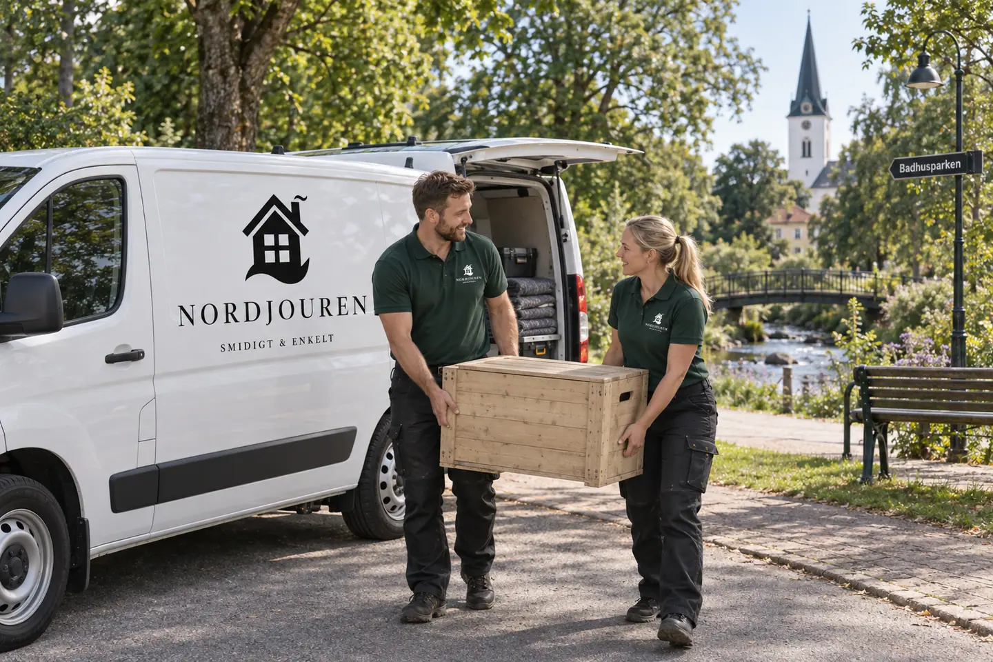 Illustration: Nordjourens bil och personal i Götene, badhusparken vid göteneån