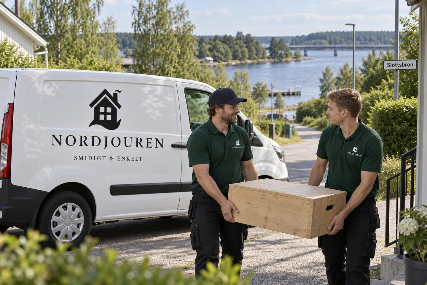 Illustration: Nordjourens bil och personal i Slottsbron, slottsbrons bostadsmiljö nära mickelsön