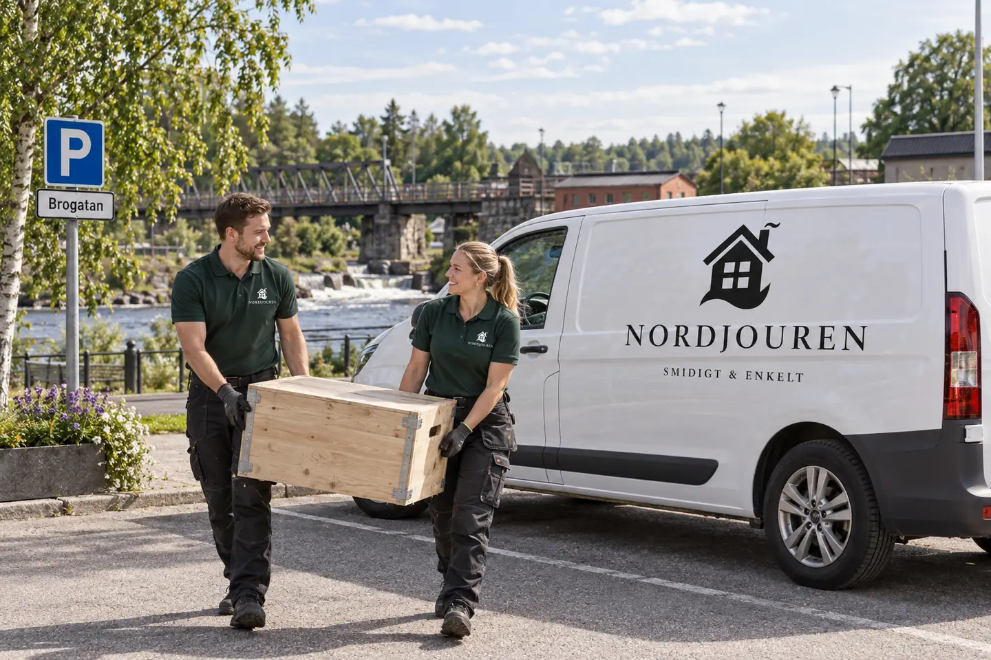 Illustration: Nordjourens bil och personal i Gullspång, brogatans parkering vid gullspångsälven